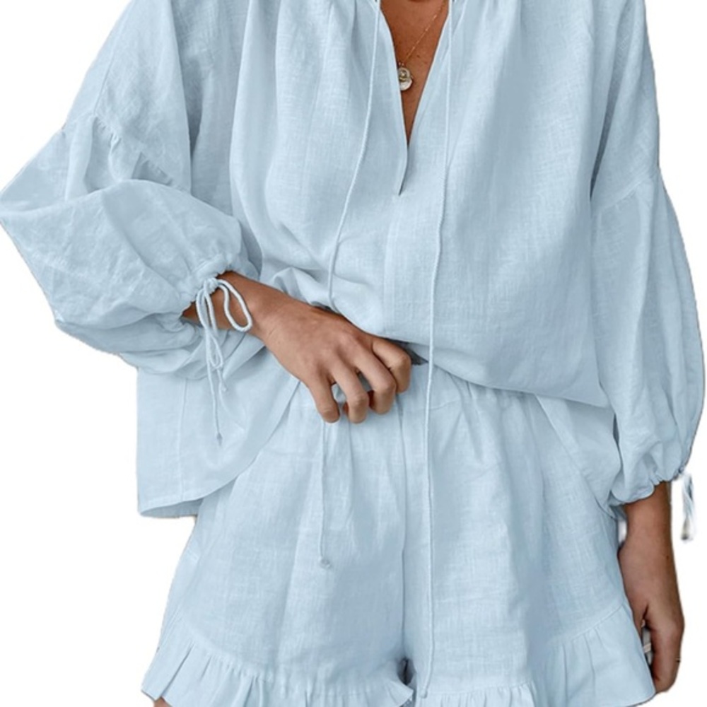 🦋Women's Light‎ Blue Ruffle Shorts Set…NWOT🦋 - Picture 3 of 6